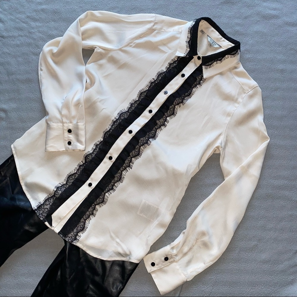 Guess cream and black tuxedo blouse